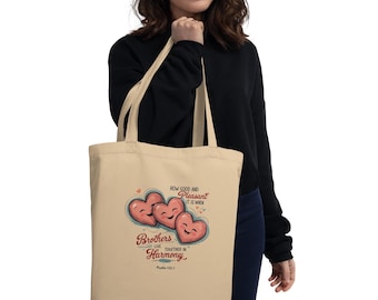 Bible Eco Tote Bag – Kindness Tote with Psalm 133:1 Brothers in Harmony Design