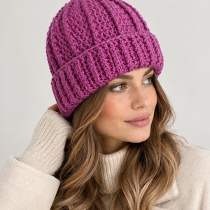 Crochet Folded Brim Beanie Pattern PDF | Easy Merino Wool Winter Hat | Beginner Cuffed Beanie Tutorial | Sizes S M L Instant Download PDF