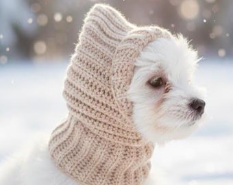 May include: A small white puppy wearing a beige, ribbed, knitted balaclava-style hood that covers the top of the head and neck. The puppy has white fur and is positioned in a snowy environment with soft, out-of-focus light in the background.