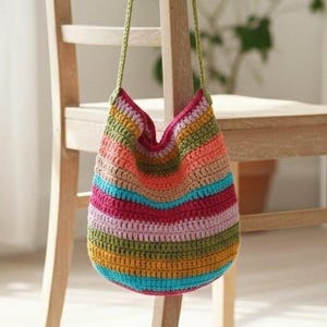 Schema all'Uncinetto Borsa a Secchiello PDF | Modello Borsa Righe Colorate | Pattern Uncinetto Facile | Tutorial Digitale Italiano/Inglese
