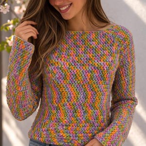 Crochet Raglan Sweater Pattern PDF | Top Down Seamless Pullover Tutorial | Made to Measure Sweater | 5 Languages Download PDF