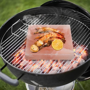 May include: A barbecue grill with a pink salt block holding grilled shrimp, scallops, and a lemon slice. The grill is black with a metal grate, and the coals are glowing red. The background is green.