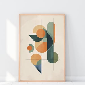 Könnte beinhalten: Geometrischer abstrakter Kunstdruck in einem Holzrahmen. Das Kunstwerk zeigt Formen in Orange, Teal und Marineblau vor einem cremefarbenen Hintergrund. Das Design umfasst Kreise, Halbkreise und eckige Formen mit dünnen schwarzen Gitterlinien.