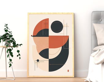 Abstract Mid Century Poster in Black, Terracotta and Beige | Geometric Minimalist Wall Art | Digital Download Print