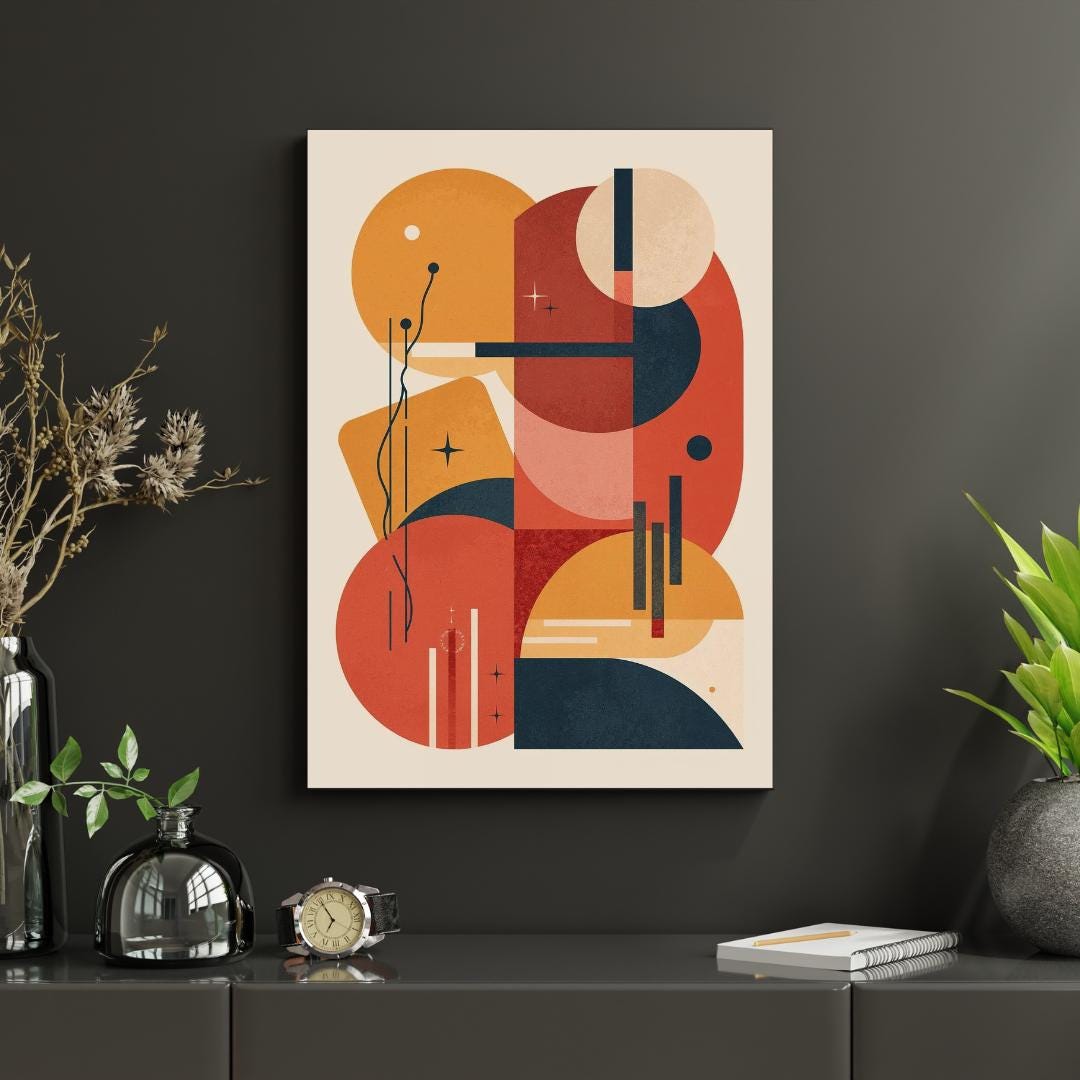 Mid Century Modern Poster – Abstract Geometric Wall Art in Red, Yellow ...