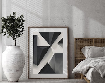 May include: A framed abstract art print with geometric shapes in shades of gray and white. The artwork is displayed in a bedroom setting, next to a decorative plant in a large white vase and a wooden bed frame.
