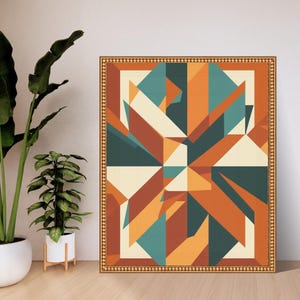 Puede incluir: Impresión artística abstracta geométrica en un marco dorado. La obra presenta un diseño simétrico con formas angulares en tonos naranja, verde azulado, crema y marrón. El marco tiene un borde con cuentas.