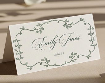 Salie groene bruiloft plaatskaartsjabloon, elegante bewerkbare placecard, Fine Art-zitkaart, tent- en platte opties, canvassjabloon voor gasten
