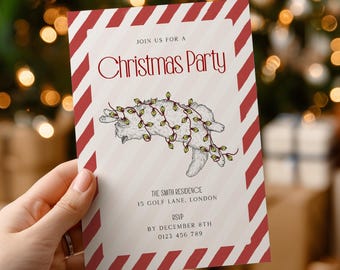 Striped Christmas Invitation Template, Festive Cat Editable Holiday Party and Dinner Invite, Printable Canva Template, Digital Download