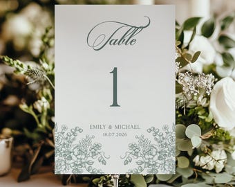 Saliegroen bruiloft tabelnummer, bewerkbare canvassjabloon, afdrukbaar 5 x 7 teken, elegant botanisch zitdecor, minimalistische bruiloft briefpapier