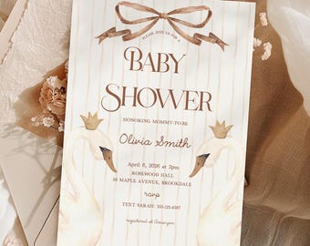 Elegant Swan Baby Shower Invitation Template, Neutral Gender Beige Printable Invite, Editable in Canva, Baby Girl or Boy, Instant Download