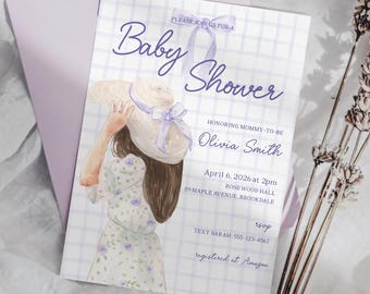 Lavendel babyshower uitnodiging, canvas sjabloon, aquarel meisje met hoed, pastel ruitpatroon, Instant Download