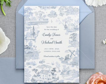 Blauwe toile de jouy-save the date-kaart, Franse landelijke bruiloft, afdrukbaar 5 x 7 canvasontwerp, bewerkbare feestaankondiging, eenvoudige doe-het-zelf