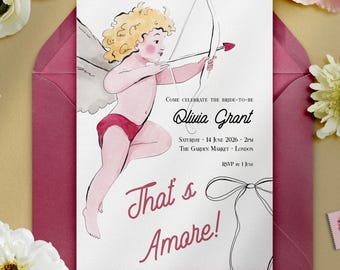 That's Amore vrijgezellenfeest uitnodiging canva sjabloon, Cupido Italiaanse bruidsuitnodiging bewerkbare afdrukbare, romantische geïllustreerde douche