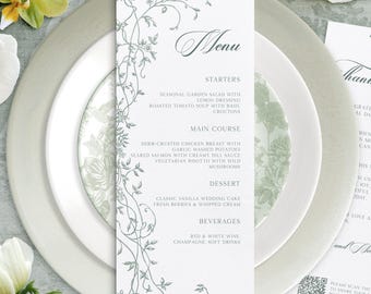 Salie groen bruiloft menusjabloon, elegant 4 x 9" menu & bedankkaart, dubbelzijdig canvas sjabloon, minimal Fine Art bruiloft briefpapier, DIY