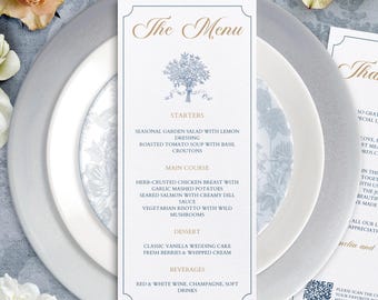 Botanisch blauwe bruiloft menusjabloon, elegant 4 x 9" menu & bedankkaart, dubbelzijdig canvas sjabloon, minimal Fine Art bruiloft briefpapier