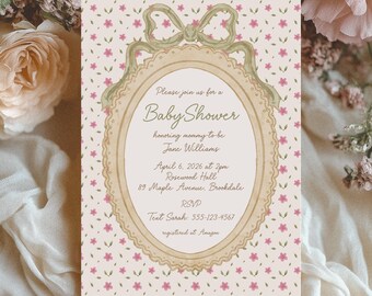Sjabloon vintage bloemen babyshoweruitnodiging, bewerkbaar in canvas, roze bloem afdrukbare uitnodiging, retro strikontwerp, direct downloaden