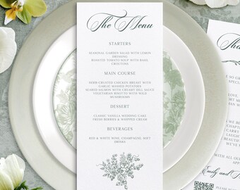 Saliegroen bruiloftsmenusjabloon, elegant 4 x 9" menu & bedankkaart, dubbelzijdig canvas sjabloon, minimal Fine Art bruiloft briefpapier
