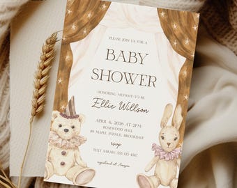 Sjabloon uitnodiging babyshower teddybeer en konijn, bewerkbare neutrale genderuitnodiging, bruinbeige circusthema, digitale download