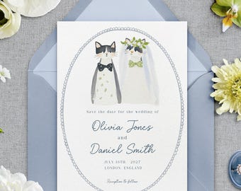 Cats Wedding Save the Date-sjabloon – schattige kat bruid en bruidegom, huisdierliefhebbers briefpapier, grillige aquarel, bewerkbare canvas 5 x 7 uitnodiging