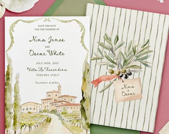 Toscaanse bruiloft: bewaar-de-datumkaart, aquarel olijftak en villa illustratie, mediterrane bestemming bruiloft, bewerkbare canvassjabloon