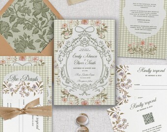 May include: A wedding invitation suite with a floral and gingham design. The suite includes an invitation, RSVP cards, and details card. The invitation features the names "Emily Johnson" and "Oliver Smith". The suite is tied with a ribbon.