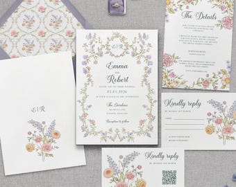 Floral Wedding Invitation Suite, 5x7 Editable Invitation Template with RSVP, Details & Envelope Liner, Canva Printable Wedding Set