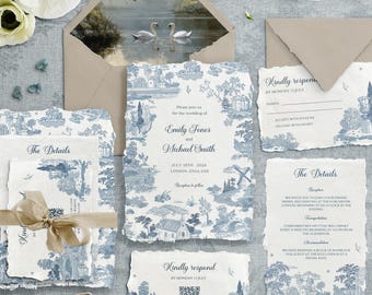 Blauwe Toile de Jouy-sjabloon voor bruiloftsuitnodiging met zwaanvoering, elegante Franse canvasset, afdrukbaar romantisch briefpapier