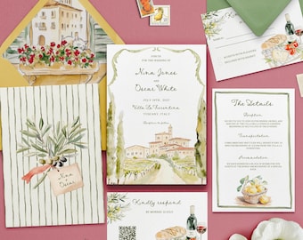 Toscaanse huwelijksuitnodigingssuite, Italiaanse villaaquarel, olijf-citroenuitnodiging, kaart RSVP en details, bestemming Italië canvassjabloon