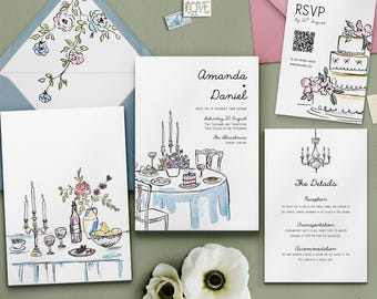 Frans kasteel bruiloft uitnodiging suite canvas sjabloon, geïllustreerd tablescape bewerkbare instant download, uitnodiging voor romantisch etentje