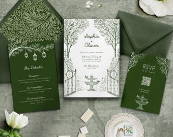 Sjabloon bruiloft uitnodiging tuin, bewerkbare botanische uitnodigingssuite, groene elegante huwelijksuitnodiging, afdrukbare bruiloftset, canvassjabloon