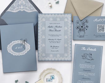 Dusty Blue Lace bruiloftsuitnodiging, bewerkbare canvassjabloon, digitale download