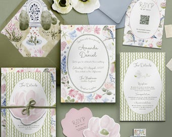Tuinhuwelijksuitnodiging, canvassjabloon, gestanste RSVP bloemen, Eden Garden Vibe, romantische botanische aquarelset