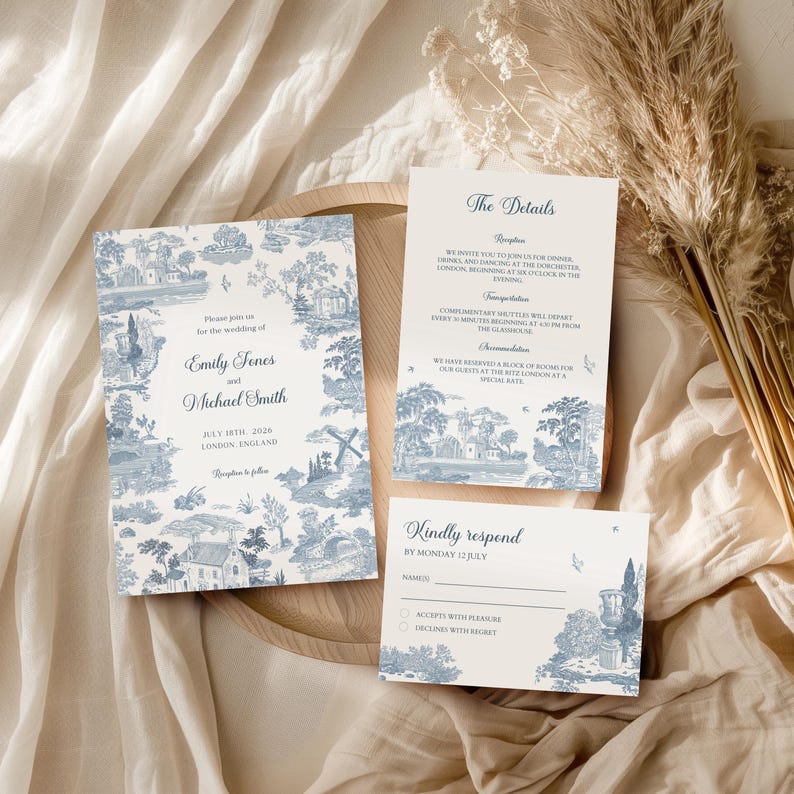 Puede incluir: Juego de invitaciones de boda con un dise&ntilde;o de toile de Jouy azul y blanco. El conjunto incluye una invitaci&oacute;n, una tarjeta de detalles y una tarjeta de confirmaci&oacute;n de asistencia. El texto de la invitaci&oacute;n dice "Emily Jones y Michael Smith, 18 de julio de 2026, Londres, Inglaterra."