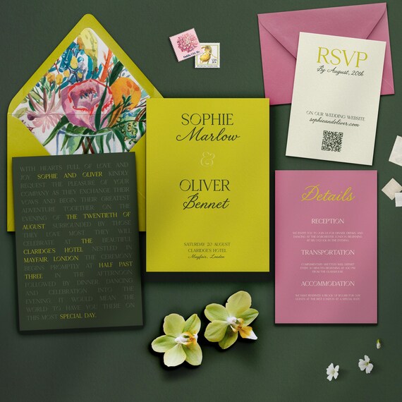 Editorial Wedding Invitation Suite, Canva Template, Bold Colour Stationery Digital Download, Editable Printable Invite Set, Island Citrus