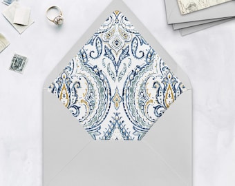 Blue Paisley Wedding Envelope Liners: Elegant Invitation Inserts (PDF Download)