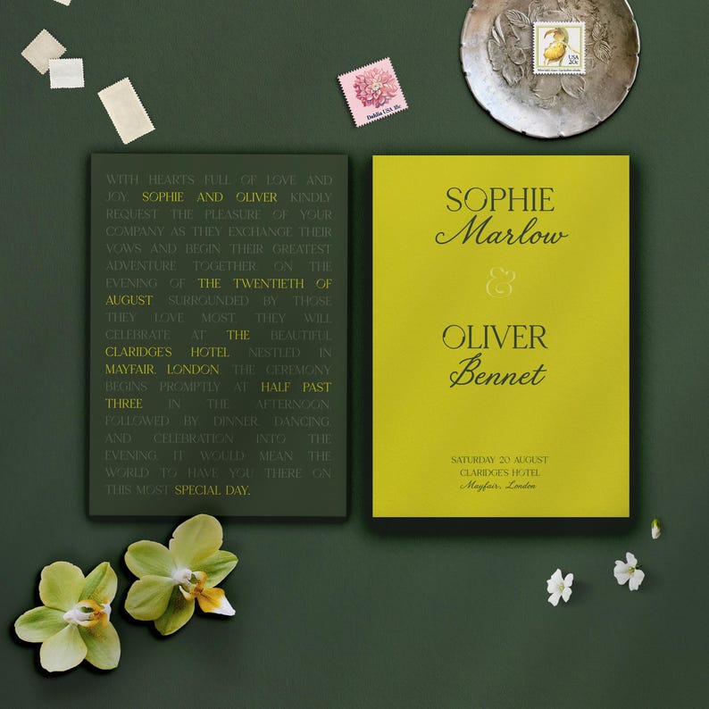 May include: Wedding invitation suite featuring a lime green and dark green color scheme. The invitation includes the names Sophie Marlow and Oliver Bennet, along with the wedding date and location. Decorative elements include stamps and flowers.