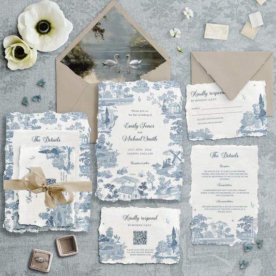 Blue Toile de Jouy Wedding Invitation Suite Template with Swan Liners, Elegant French Country Canva Set, Printable Romantic Stationery
