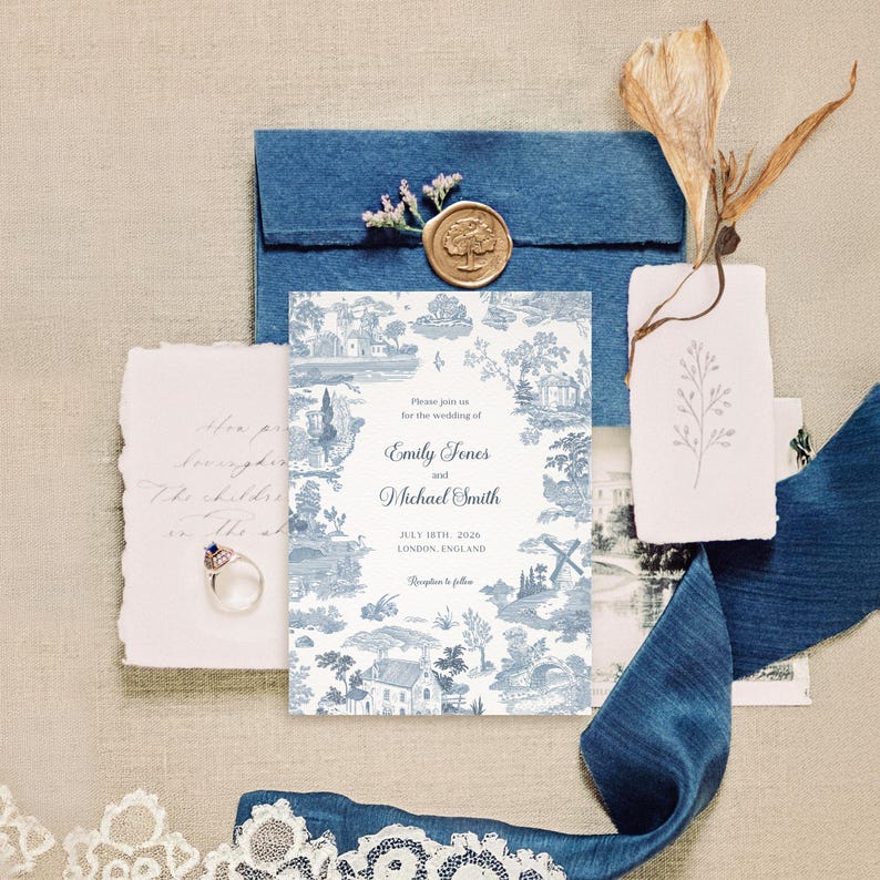 Puede incluir: Un conjunto de invitaciones de boda con un dise&ntilde;o de toile de Jouy azul y blanco. La invitaci&oacute;n incluye los nombres Emily Jones y Michael Smith, con la fecha 18 de julio de 2026 y la ubicaci&oacute;n Londres, Inglaterra. El conjunto incluye un sobre azul, un sello de cera y elementos decorativos.