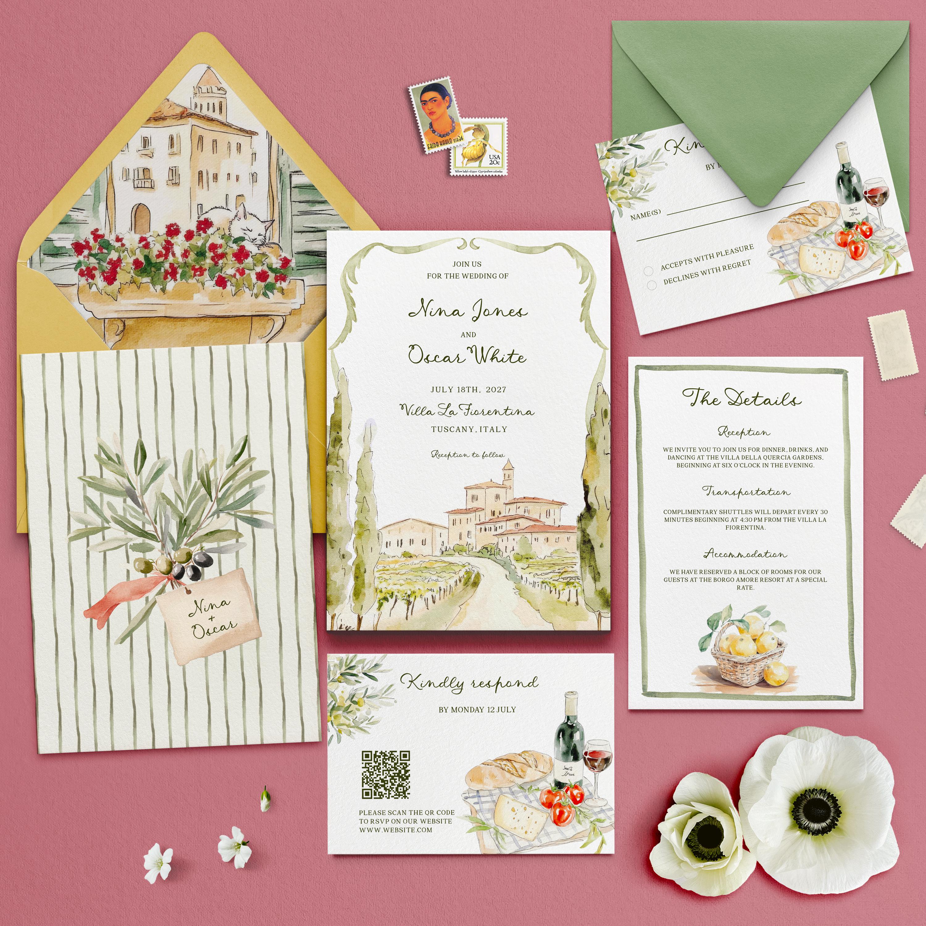 Tuscany Wedding Invitation Suite, Italian Villa Watercolor, Olive Lemon ...