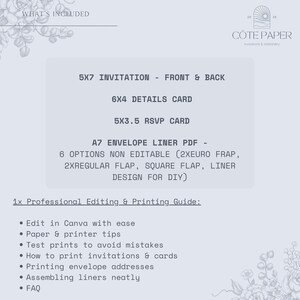 May include: A light gray invitation suite design with text that reads "5x7 Invitation - Front & Back", "6x4 Details Card", and "5x3.5 RSVP Card". Includes an A7 envelope liner PDF with multiple options and a professional editing and printing guide.