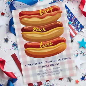 Modello di invito per barbecue del 4 luglio, invito per festa degli hot dog, invito per barbecue del Giorno dell'Indipendenza, invito per barbecue del 4 luglio, invito per il 4 luglio