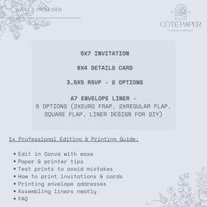 Puede incluir: Dise&ntilde;o de suite de invitaci&oacute;n gris claro con el texto "What's Included" en la parte superior. La suite incluye una invitaci&oacute;n de 5x7, una tarjeta de detalles de 6x4, una tarjeta RSVP de 3,5x5 y un forro de sobre A7 con seis opciones. Tambi&eacute;n se incluye una gu&iacute;a profesional de edici&oacute;n e impresi&oacute;n.