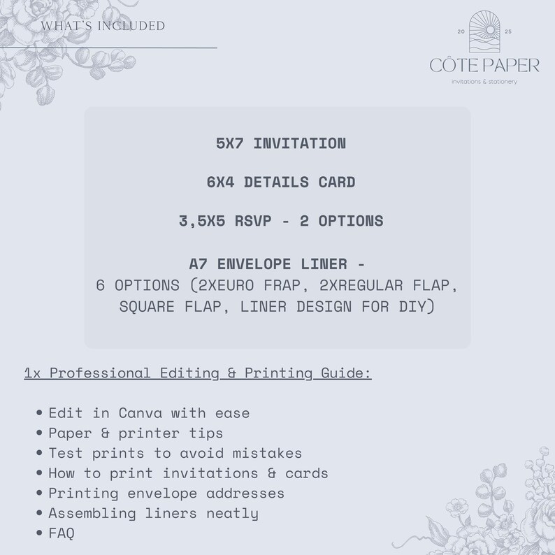 Puede incluir: Dise&ntilde;o de suite de invitaci&oacute;n gris claro con el texto "What's Included" en la parte superior. La suite incluye una invitaci&oacute;n de 5x7, una tarjeta de detalles de 6x4, una tarjeta RSVP de 3,5x5 y un forro de sobre A7 con seis opciones. Tambi&eacute;n se incluye una gu&iacute;a profesional de edici&oacute;n e impresi&oacute;n.