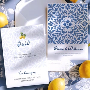 Modello per invito di nozze mediterraneo con limoni, invito acquerello blu, modello Canva con download immediato, modello stampabile per matrimonio estivo