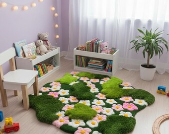 Moss Rug for Nursery, 3D Daisy Flower Rug, Handmade Tufted Meadow Carpet, Irregular Green Playmat, Kids Room Decor