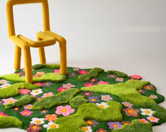 Green Moss Rug – Irregular Floral Nursery Rug, Woodland Forest Area Rug, Daisy Botanical Carpet, Hand Tufted Modern Rug