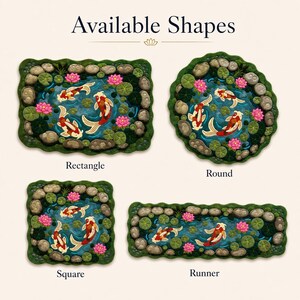 May include: Four mats in rectangle, round, square, and runner shapes, each featuring a pond scene with koi fish, pink lotus flowers, green lily pads, and grey stones. The text Available Shapes is at the top, with labels below each mat.