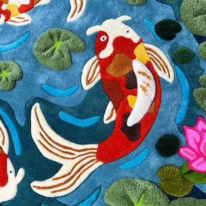 Oversized hand tufted koi pond area rug with layered 3D texture, inspired by Japanese garden and nature