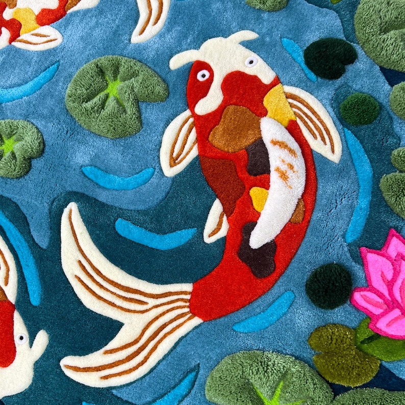 Oversized hand tufted koi pond area rug with layered 3D texture, inspired by Japanese garden and nature